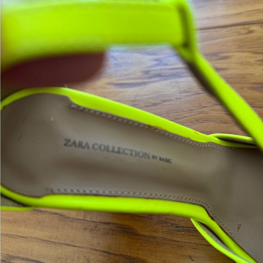 ZARA Neon Yellow T-Strap Block Heel Sandals 6.5 Lime Green Fluo Bright Party Pop - Picture 8 of 14